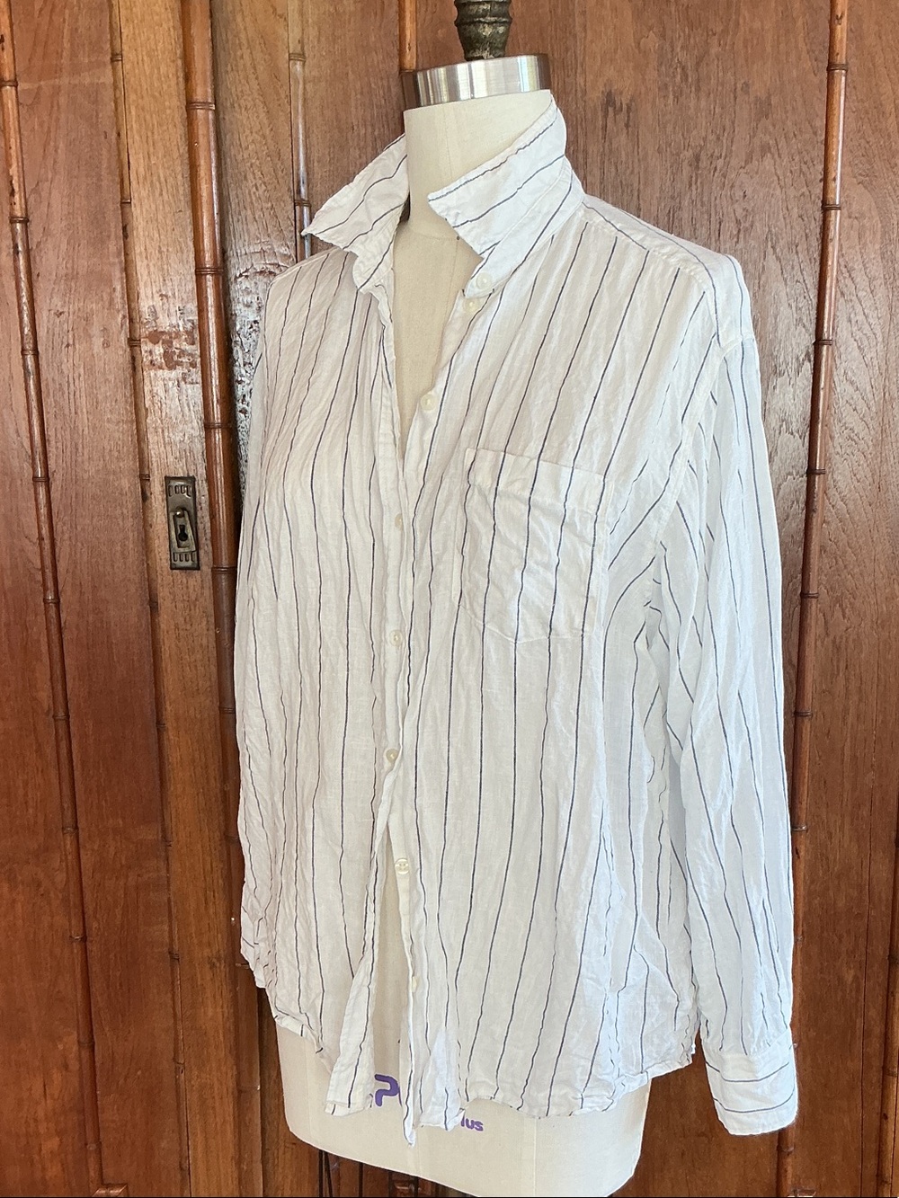 GAP White Linen Button-Down Shirt with Navy Pinstripes